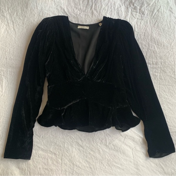 Doen Alondra Velvet V Neck Flare Peplum Long Sleeve Blouse Top Black - Picture 6 of 11